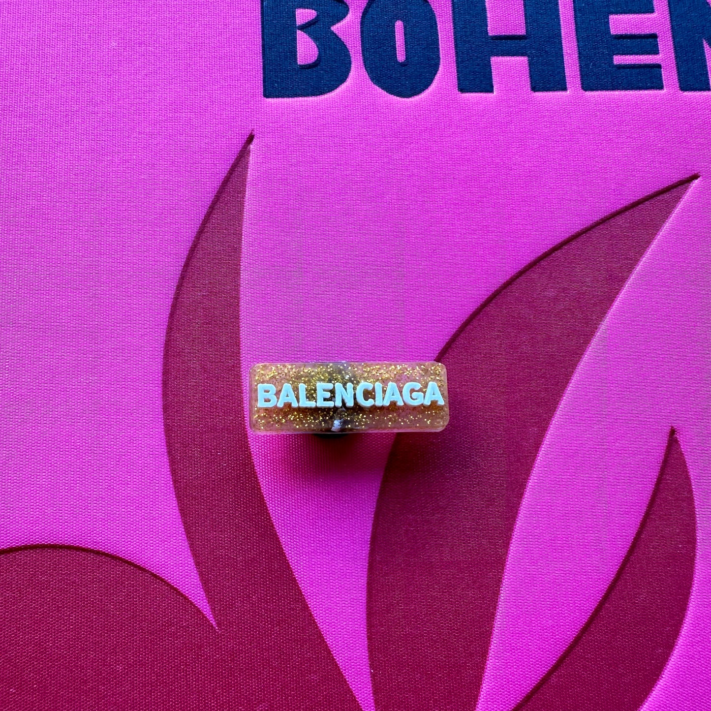 Gold Glitter Balenciaga Rectangle Logo Croc Charm