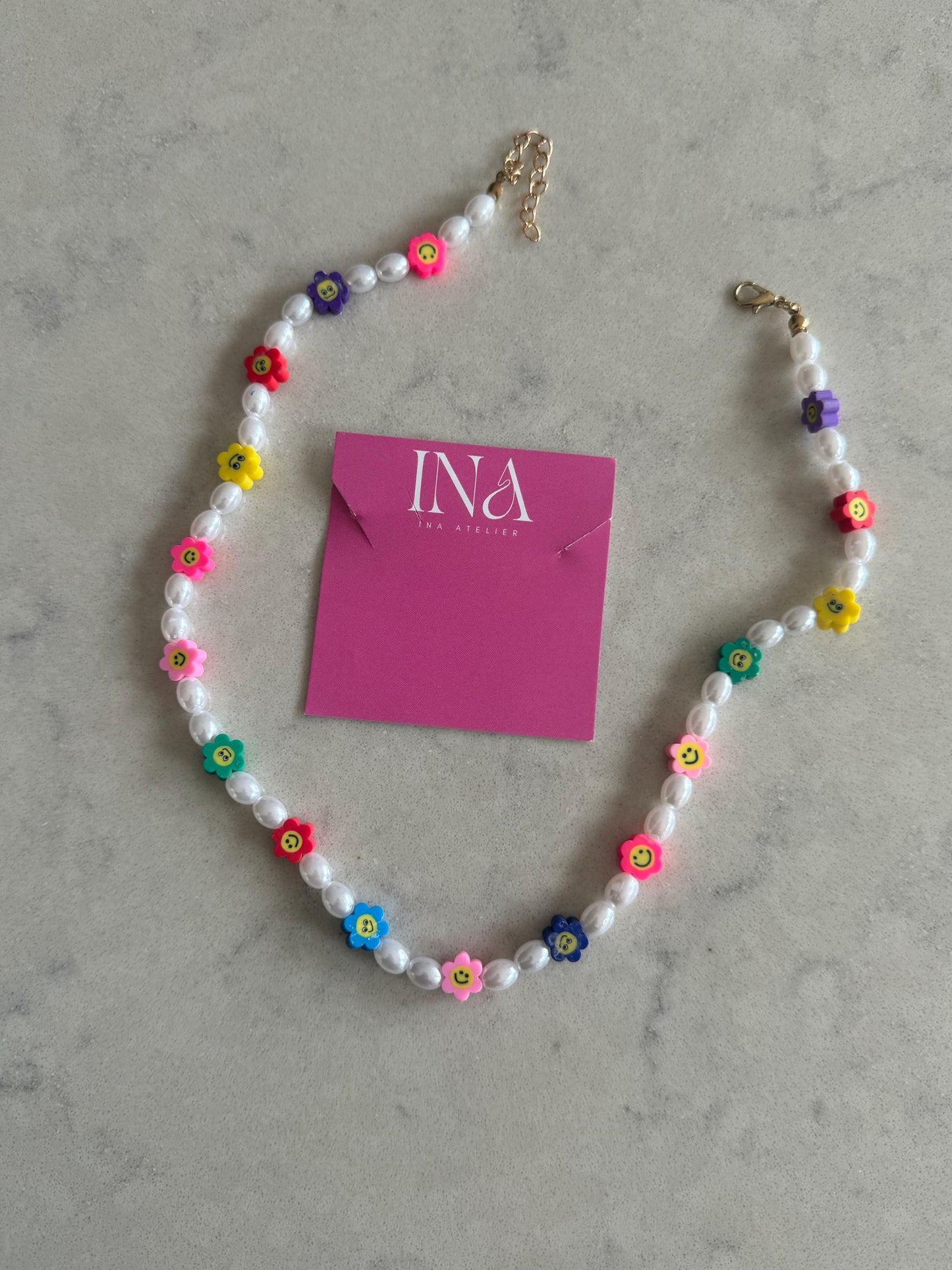 Multicoloured Smiley Flower Face and White Pearl Bead Necklace Choker