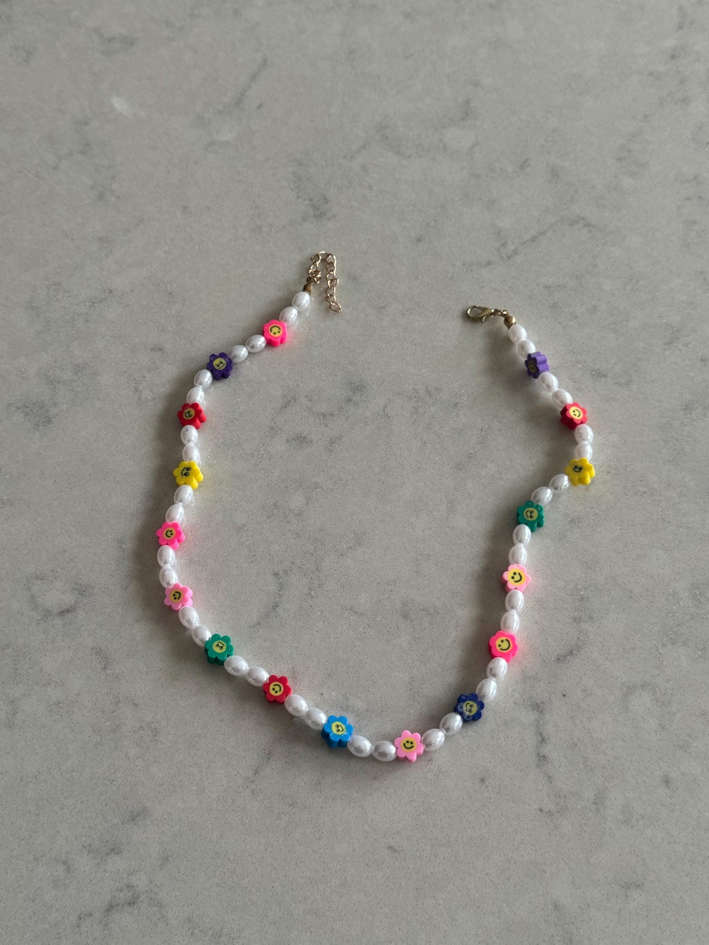 Multicoloured Smiley Flower Face and White Pearl Bead Necklace Choker