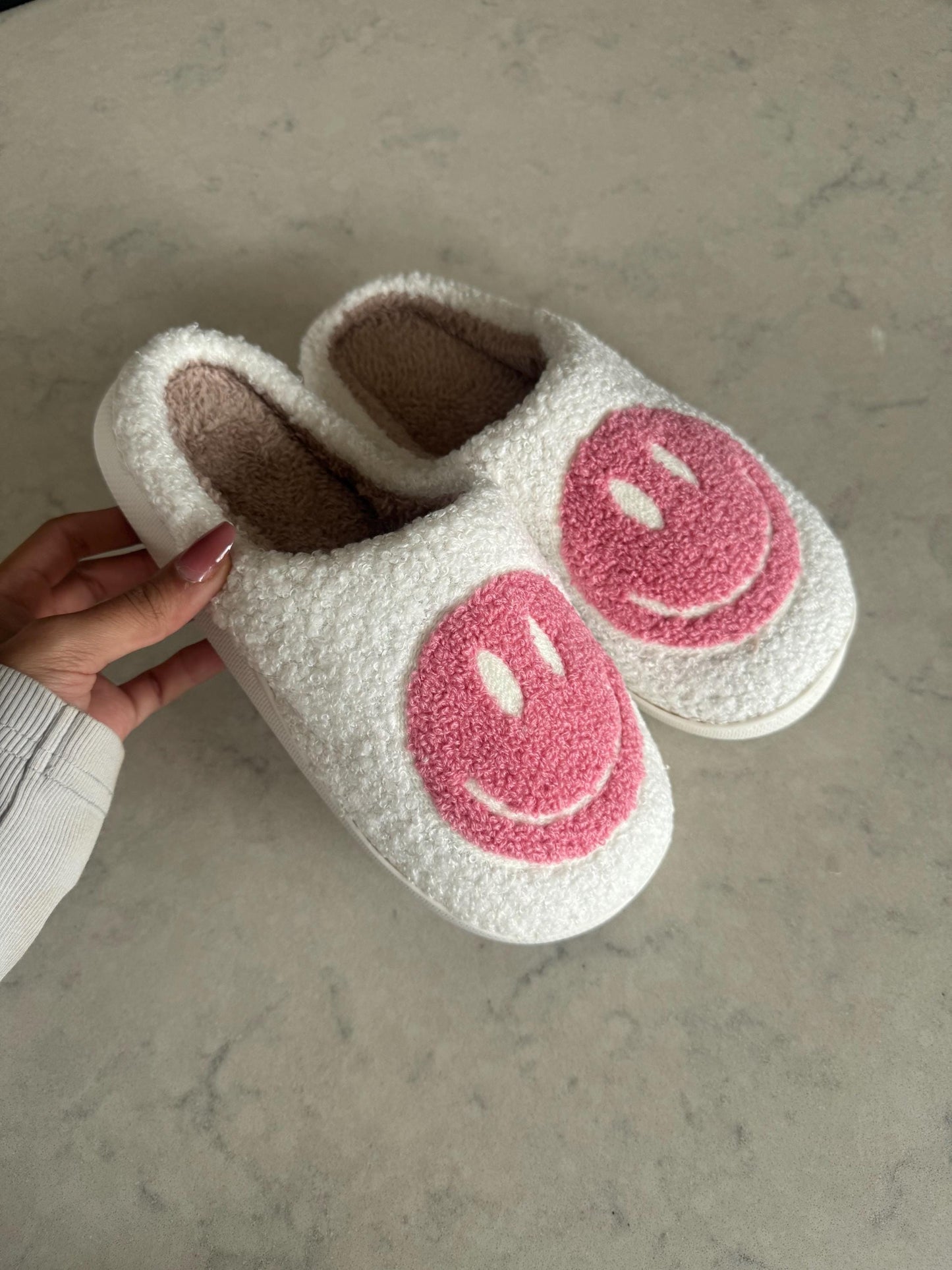 Pink Smiley Face Plush Lounge Slippers