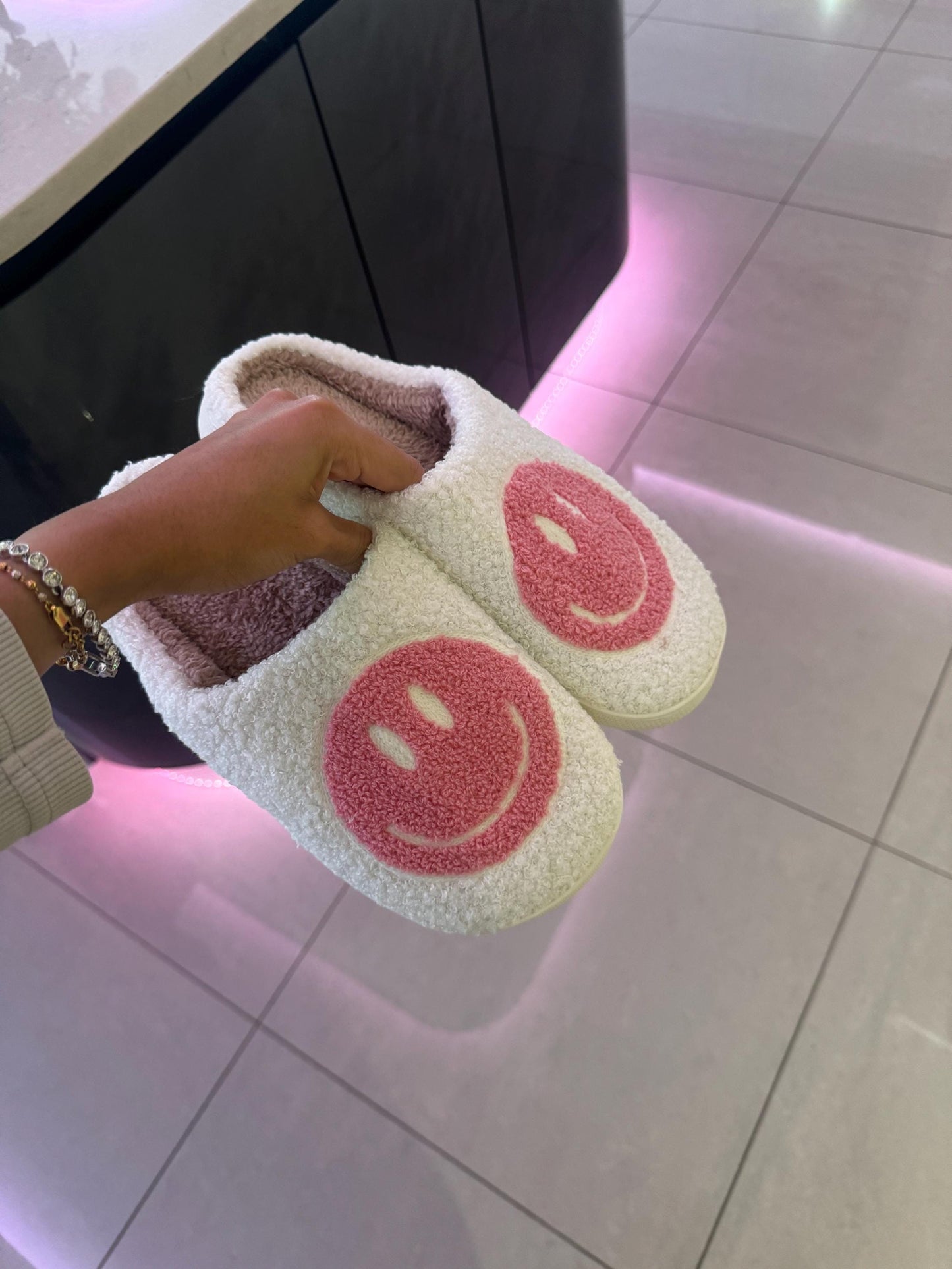 Pink Smiley Face Plush Lounge Slippers