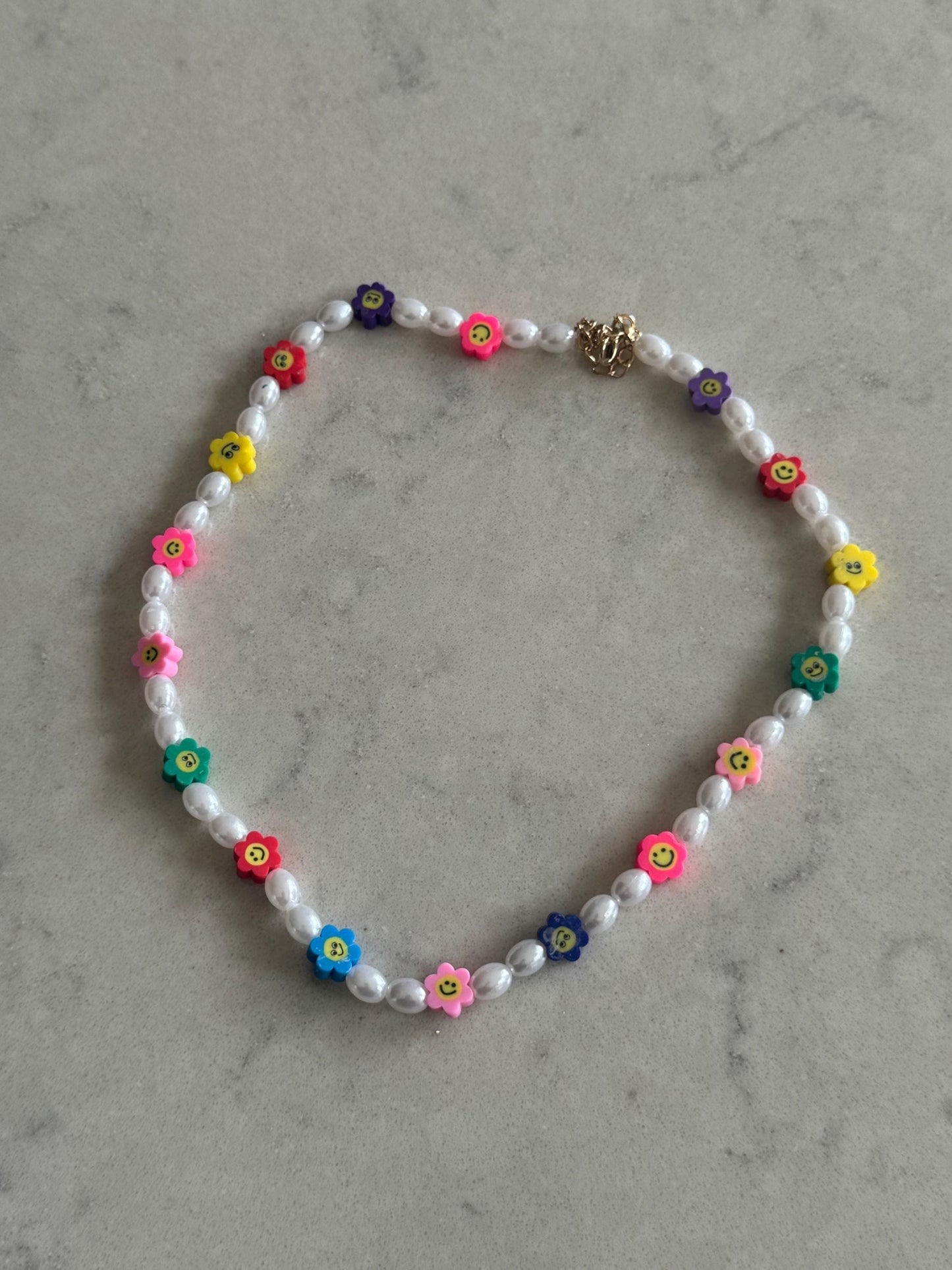 Multicoloured Smiley Flower Face and White Pearl Bead Necklace Choker