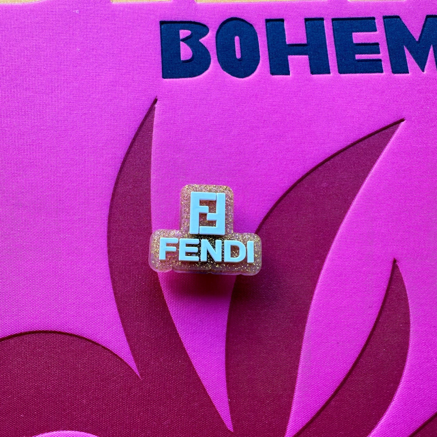 Gold Glitter Fendi Logo Croc Charm